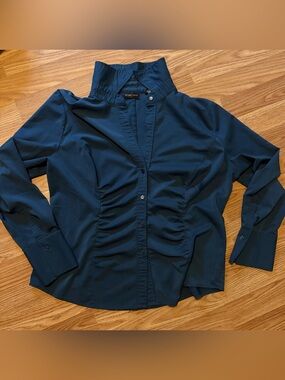 New York & Company Navy Ruched Button-Down Blouse